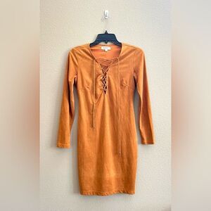 GAEA Suede Camel Lace Up Long Sleeve Dress